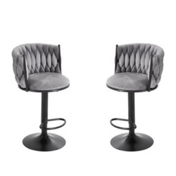 Grey Modern Swivel Bar Stools Set Of 2 Adjustable Velvet Bar Chairs With Braided Back - thumbnail 4