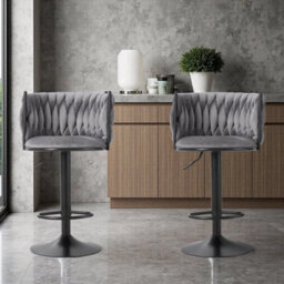 Grey Modern Swivel Bar Stools Set Of 2 Adjustable Velvet Bar Chairs With Braided Back - thumbnail 3