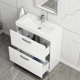 Royal Bathrooms Turin Gloss White 800mm Floor Standing Vanity Unit 2 Drawer With Minimalist Basin Sink - thumbnail 3