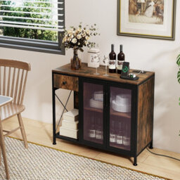 Gainoom Industrial Brown Buffet Sideboard Kitchen Storage Cabinet With Power Outlets And Led Light - thumbnail 3