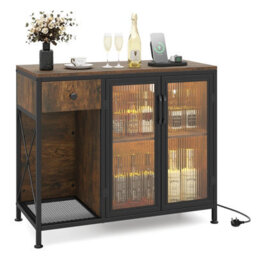 Gainoom Industrial Brown Buffet Sideboard Kitchen Storage Cabinet With Power Outlets And Led Light - thumbnail 9