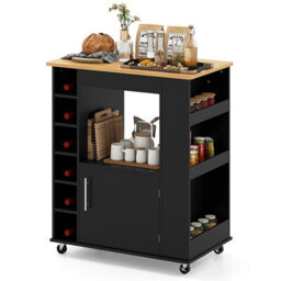 Gainoom Black Kitchen Island Rolling Storage Cabinet Trolley Cart Shelves