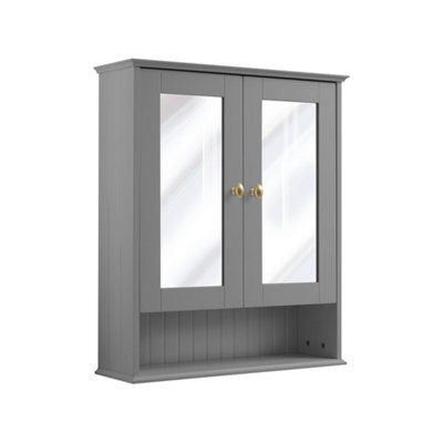 Homestylestore 650 X 750mm Light Grey Wall Mounted Mirrored Door Bathroom Cabinet And Brushed Brass Round Handles - image 1