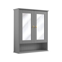 Homestylestore 650 X 750mm Light Grey Wall Mounted Mirrored Door Bathroom Cabinet And Brushed Brass Round Handles