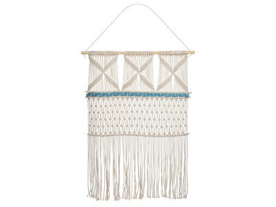 Wyld And Coco Hand-Made Cotton Wall Hanging Beige With Blue Fringe Boho Rustic 66 X 141 Cm - image 1