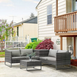 Outsunny Rattan Garden Furniture Set With Storage Table, Cushions, Grey