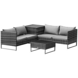 Outsunny Rattan Garden Furniture Set With Storage Table, Cushions, Grey - thumbnail 2