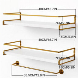 Living And Home Set Of 2 Wall Mounted Floating Shelves White Paulownia Wood Gold Frame With Towel Rail - thumbnail 8