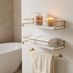 Living And Home Set Of 2 Wall Mounted Floating Shelves White Paulownia Wood Gold Frame With Towel Rail - thumbnail 1