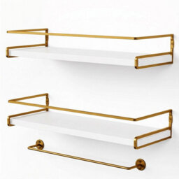 Living And Home Set Of 2 Wall Mounted Floating Shelves White Paulownia Wood Gold Frame With Towel Rail - thumbnail 3