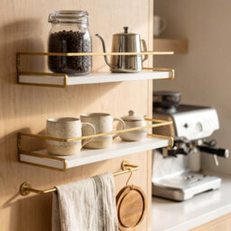 Living And Home Set Of 2 Wall Mounted Floating Shelves White Paulownia Wood Gold Frame With Towel Rail - thumbnail 2