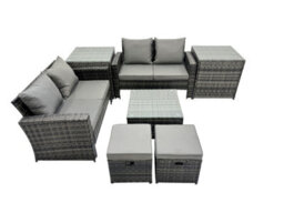 Fimous Pe Rattan Garden Furniture Set Lounge Double Seat Sofa Coffee Table Set With 2 Side Tables 2 Small Stools Dark Grey Mixed - thumbnail 2