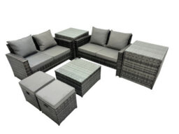 Fimous Pe Rattan Garden Furniture Set Lounge Double Seat Sofa Coffee Table Set With 2 Side Tables 2 Small Stools Dark Grey Mixed - thumbnail 1