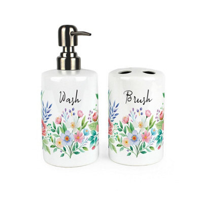 Purely Home Floral Bouquet Bathroom Set - Refillable Ceramic Soap Dispenser & Toothbrush Holder - image 1