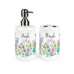 Purely Home Floral Bouquet Bathroom Set - Refillable Ceramic Soap Dispenser & Toothbrush Holder - thumbnail 1
