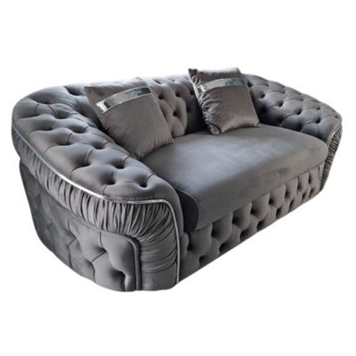 Stratus Interiors Ambassador Grey Sofa Chesterfield Toronto Silver Trim Plush Velvet No Frill