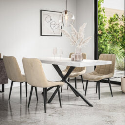 More4Homes Donni Dining Table And Chairs -  White Marble Effect Table Top W Black Legs + Nova Velvet Dining Chair Set Of 4 (Beige)