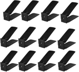 Xample Pack Of 12 Shoe Slot Organise Storage Adjustable 3-Level Height Non-Slip Shoe Holder & Stacker, Space-Saving Shoe Rack (Black) - thumbnail 1