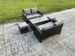 Fimous 5 Pieces Garden Furniture Sets Poly Rattan Outdoor Patio Furniture Set With 2 Small Footstool Loveseat And Table - thumbnail 1