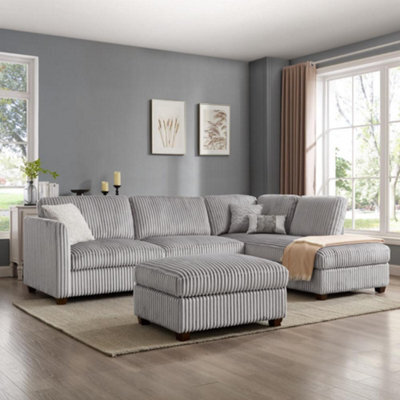 Home Detail Ben Right-Hand Facing Corner Sofa With Footstool, Grey Teddy Jumbo Cord - image 1