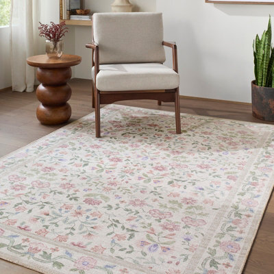 Livabliss Thistle-Washable White Pink Green Blue Modern Floral Living Dining Rug 160 X 220 Cm Easy Care, Non Shedding - image 1