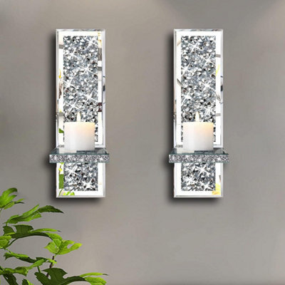 Deenz Crystal Set Of 2 Wall Chandelier Silver Mirrored Candle Holders With Crushed Diamond Design 38X11X10 Cm. (Rectangle) - image 1