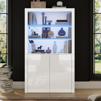 High Gloss Display Cabinet With Led Lights, Tempered Glass Shelves And Doors, White - image 1