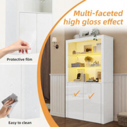 High Gloss Display Cabinet With Led Lights, Tempered Glass Shelves And Doors, White - thumbnail 5