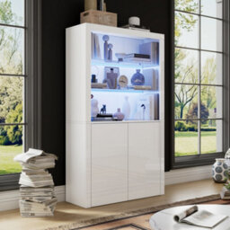 High Gloss Display Cabinet With Led Lights, Tempered Glass Shelves And Doors, White - thumbnail 3