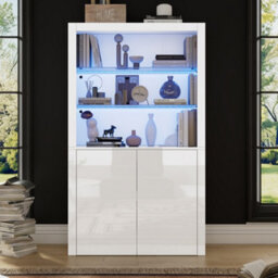 High Gloss Display Cabinet With Led Lights, Tempered Glass Shelves And Doors, White - thumbnail 1