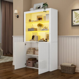 High Gloss Display Cabinet With Led Lights, Tempered Glass Shelves And Doors, White - thumbnail 2