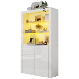 High Gloss Display Cabinet With Led Lights, Tempered Glass Shelves And Doors, White - thumbnail 8