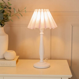 Valuelights Victoria White Wood Candlestick Stem Table Lamp With Lilac Scallop Tapered Lamp Shade