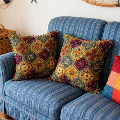 Living And Home Set Of Two Yellow, Exotic-Style, Faux Linen Throw Pillows With Double-Sided Patterns, 45Cm (W) X 45Cm (D). - image 1