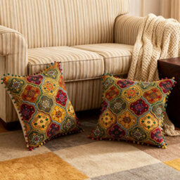 Living And Home Set Of Two Yellow, Exotic-Style, Faux Linen Throw Pillows With Double-Sided Patterns, 45Cm (W) X 45Cm (D). - thumbnail 3