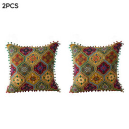 Living And Home Set Of Two Yellow, Exotic-Style, Faux Linen Throw Pillows With Double-Sided Patterns, 45Cm (W) X 45Cm (D). - thumbnail 4