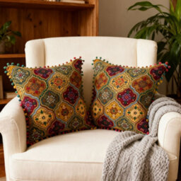 Living And Home Set Of Two Yellow, Exotic-Style, Faux Linen Throw Pillows With Double-Sided Patterns, 45Cm (W) X 45Cm (D). - thumbnail 2