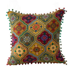 Living And Home Set Of Two Yellow, Exotic-Style, Faux Linen Throw Pillows With Double-Sided Patterns, 45Cm (W) X 45Cm (D). - thumbnail 5