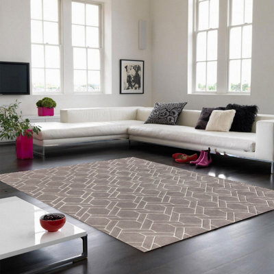 Grey Silver Wool Handmade Modern Luxurious Chequered Geometric Rug For Living Room And Bedroom-120Cm X 170Cm - image 1