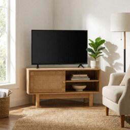 Manila Oak & Rattan 1 Door Corner Tv Unit Stand Cabinet Living Room Furniture Media Unit