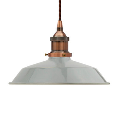 French Grey Small Trinity Metal Painted Dome Pendant Light With Antique Copper Lamp Holder And Brown Twisted Cable - Se Home - image 1