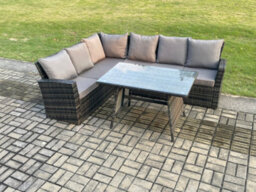 Fimous Outdoor Furniture Garden Dining Set Rattan Corner Sofa Set Rectangular Dining Table Dark Grey Mixed - thumbnail 2