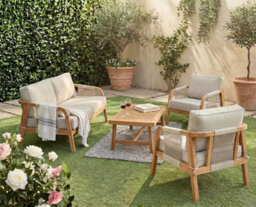 Garden Gear Acacia Aspen 4 Person Luxury Lounge Set Outdoor Garden Furniture Sofa Armchairs Coffee Table Deep Cushions