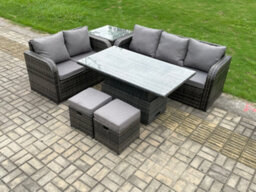 Fimous Outdoor Rattan Garden Furniture Sets Height Adjustable Rising Lifting Dining Table Lounge Sofa Set For Balcony