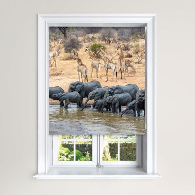 Lister Cartwright Blackout Roller Blind Elephant & Giraffe Water Hole Blind (120 Cm Width X 140 Cm Drop) - image 1