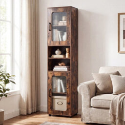 Tall Bathroom Storage Cabinet 170 Cm Rustic Brown Slim Cupboard Fluted Doors - thumbnail 4