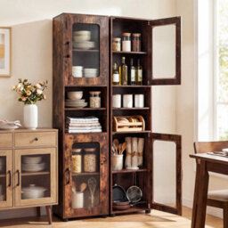 Tall Bathroom Storage Cabinet 170 Cm Rustic Brown Slim Cupboard Fluted Doors - thumbnail 6