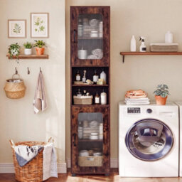 Tall Bathroom Storage Cabinet 170 Cm Rustic Brown Slim Cupboard Fluted Doors - thumbnail 3