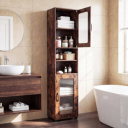 Tall Bathroom Storage Cabinet 170 Cm Rustic Brown Slim Cupboard Fluted Doors - thumbnail 5