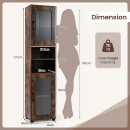 Tall Bathroom Storage Cabinet 170 Cm Rustic Brown Slim Cupboard Fluted Doors - thumbnail 2